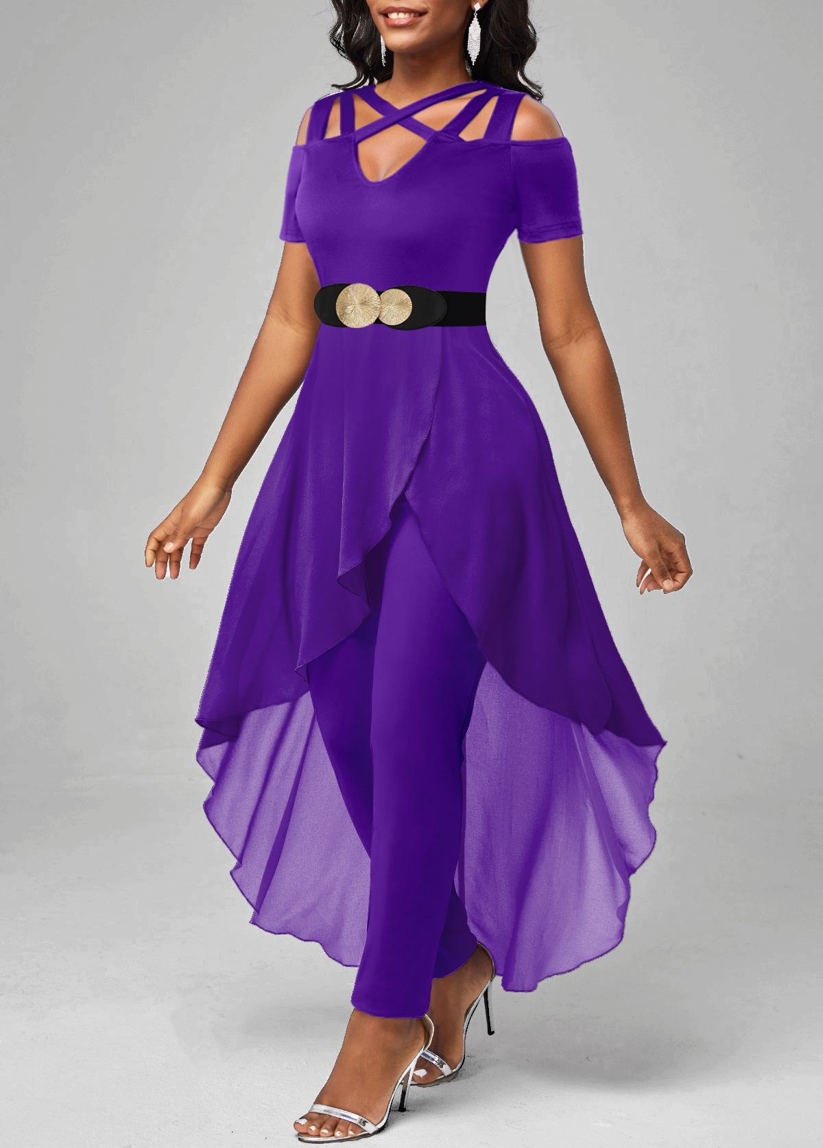 Purple jumpsuits & rompers,Plain Color jumpsuits & rompers,ROTITA Layered Purple Ankle Length Skinny V Neck Jumpsuit