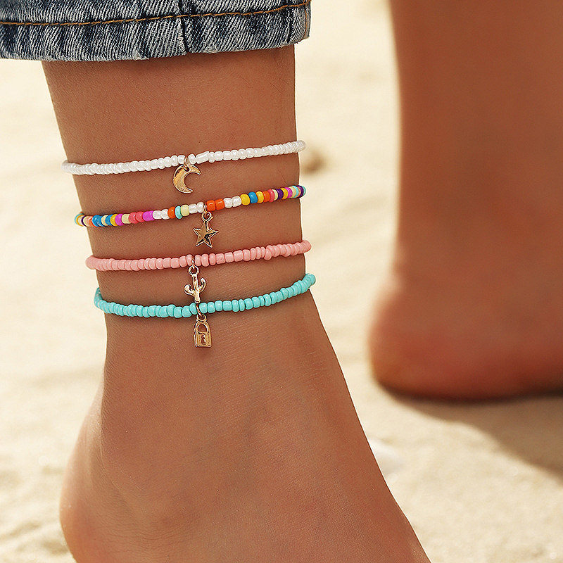 Asymmetrical Layered Beads Multi Color Anklet Set