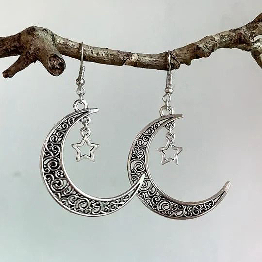 Moon Design Silver Iron Detail Earrings