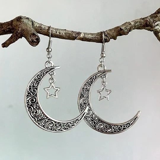 Silver jewelry,Galaxy jewelry,Moon Design Silver Iron Detail Earrings