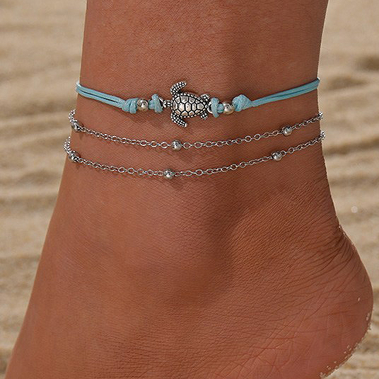 Metal Silver Turtle Design Anklet Set