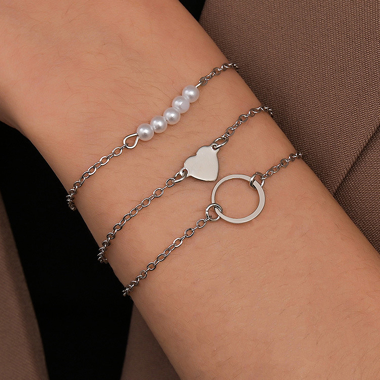 Asymmetrical Design Silver Pearl Detail Bracelet Set