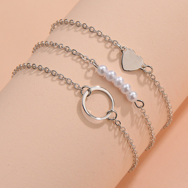 Silver jewelry,Plain Color jewelry,Asymmetrical Design Silver Pearl Detail Bracelet Set