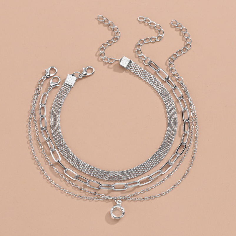 Silver jewelry,Plain Color jewelry,Asymmetrical Design Metal Dtail Silver Anklet Set