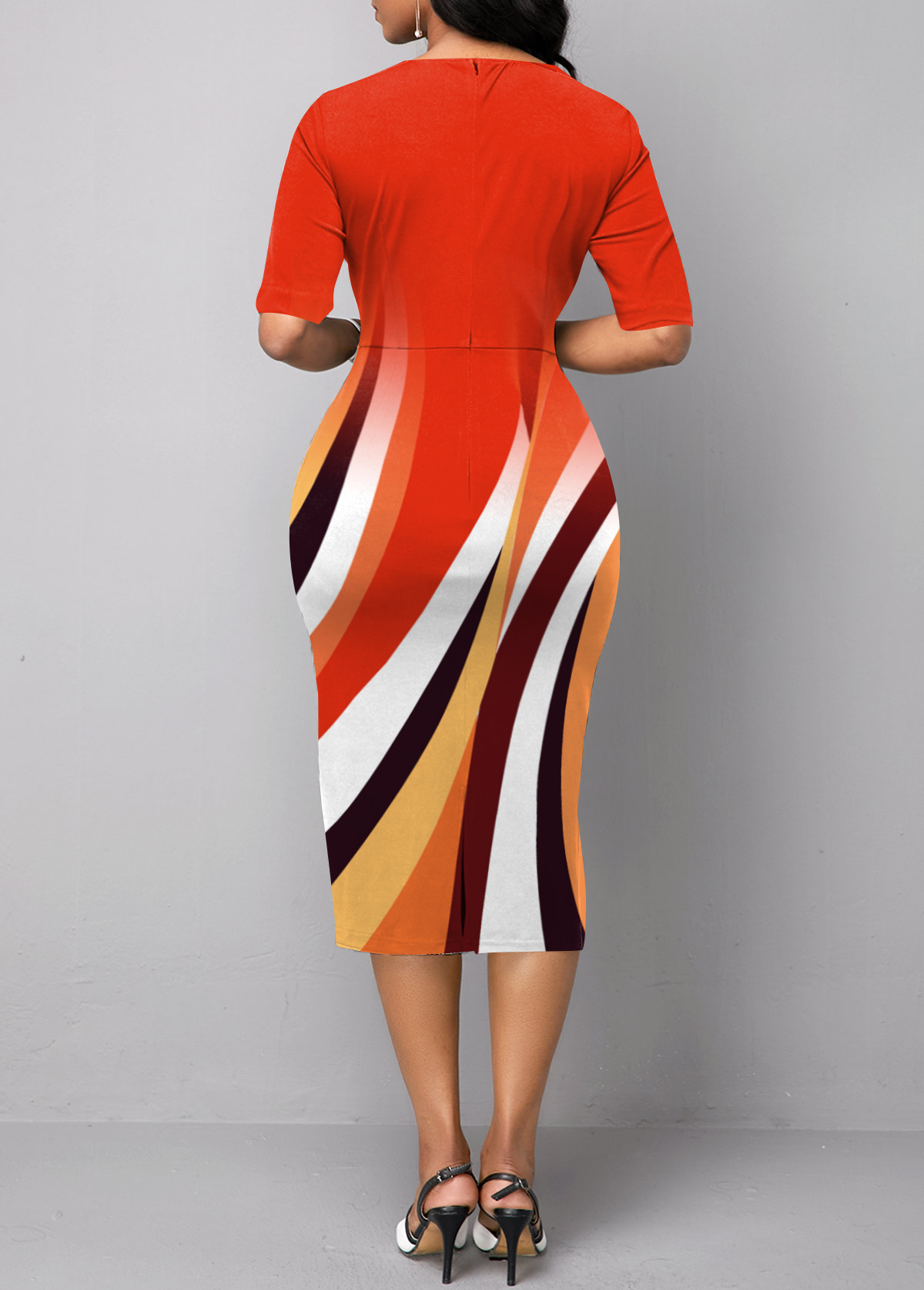 Orange dresses,Geometric dresses,ROTITA Geometric Print Orange Split Neck Dress