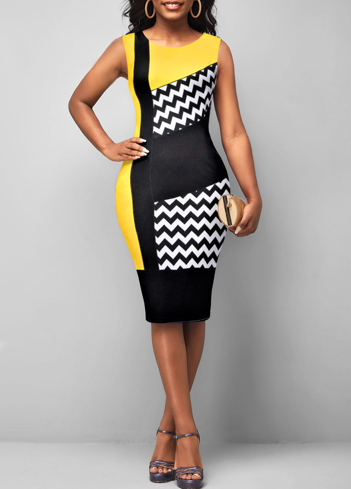 Yellow dresses,Geometric dresses,Chevron dresses,Party dresses,Elegant dresses,ROTITA Geometric Print Yellow Round Neck Sleeveless Dress
