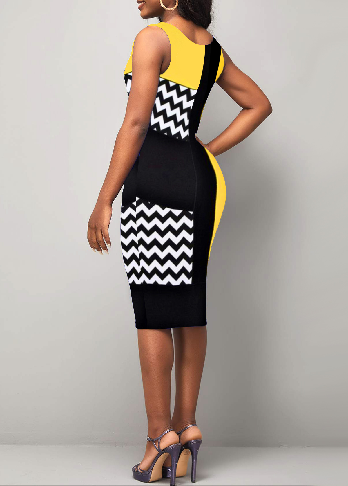 Yellow dresses,Geometric dresses,Chevron dresses,Party dresses,Elegant dresses,ROTITA Geometric Print Yellow Round Neck Sleeveless Dress