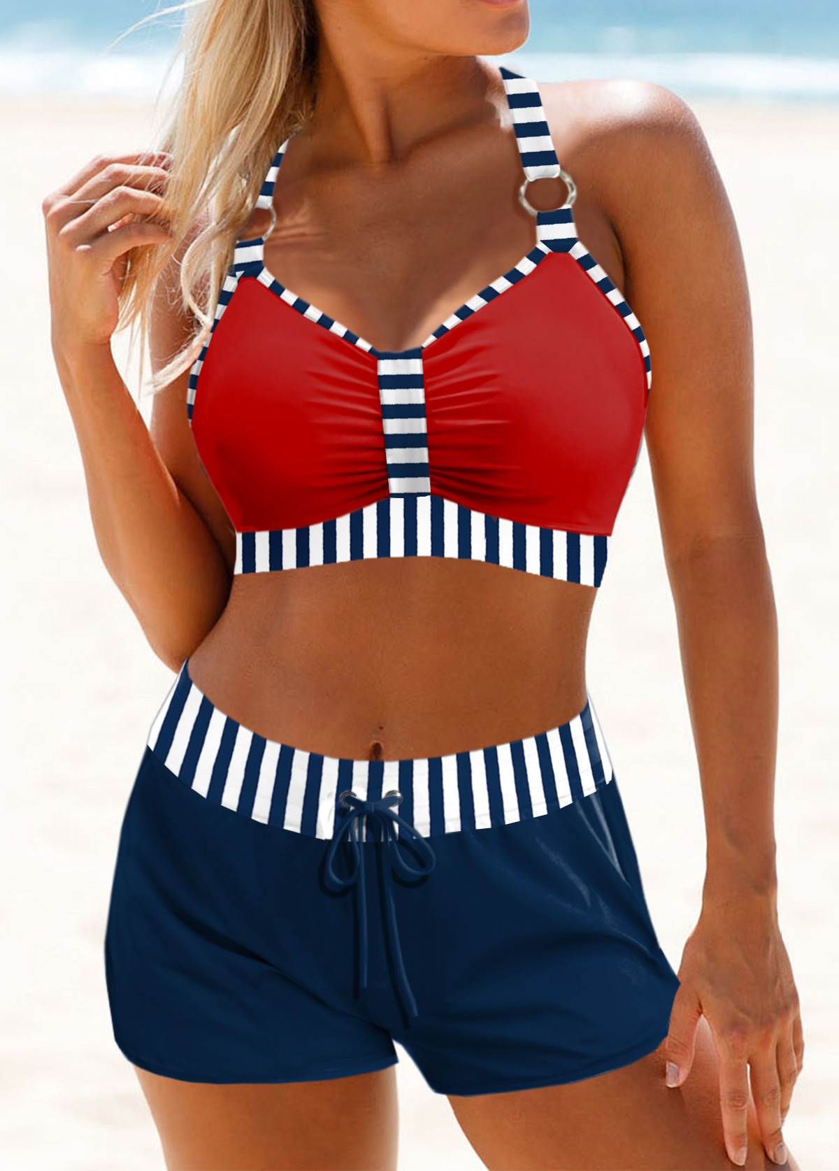 Red swimwear,Striped swimwear,ROTITA Patchwork Red Striped Bikini Top