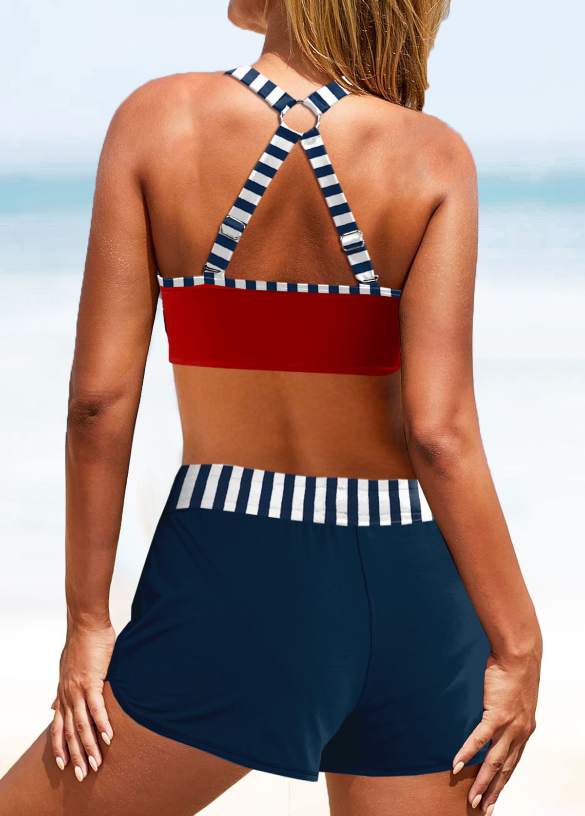 Red swimwear,Striped swimwear,ROTITA Patchwork Red Striped Bikini Top