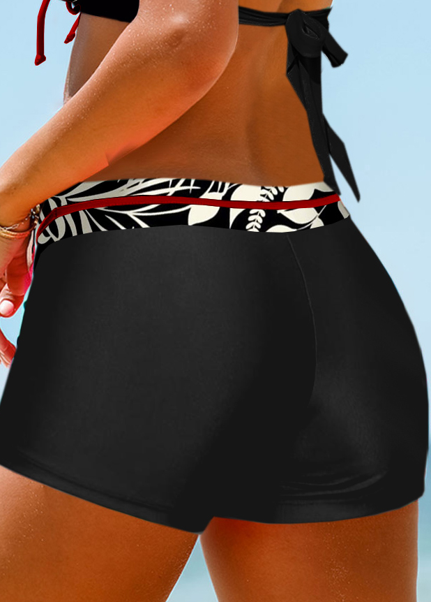 Black swimwear,Plants swimwear,ROTITA Contrast Binding Black Leaf Print Bikini Top