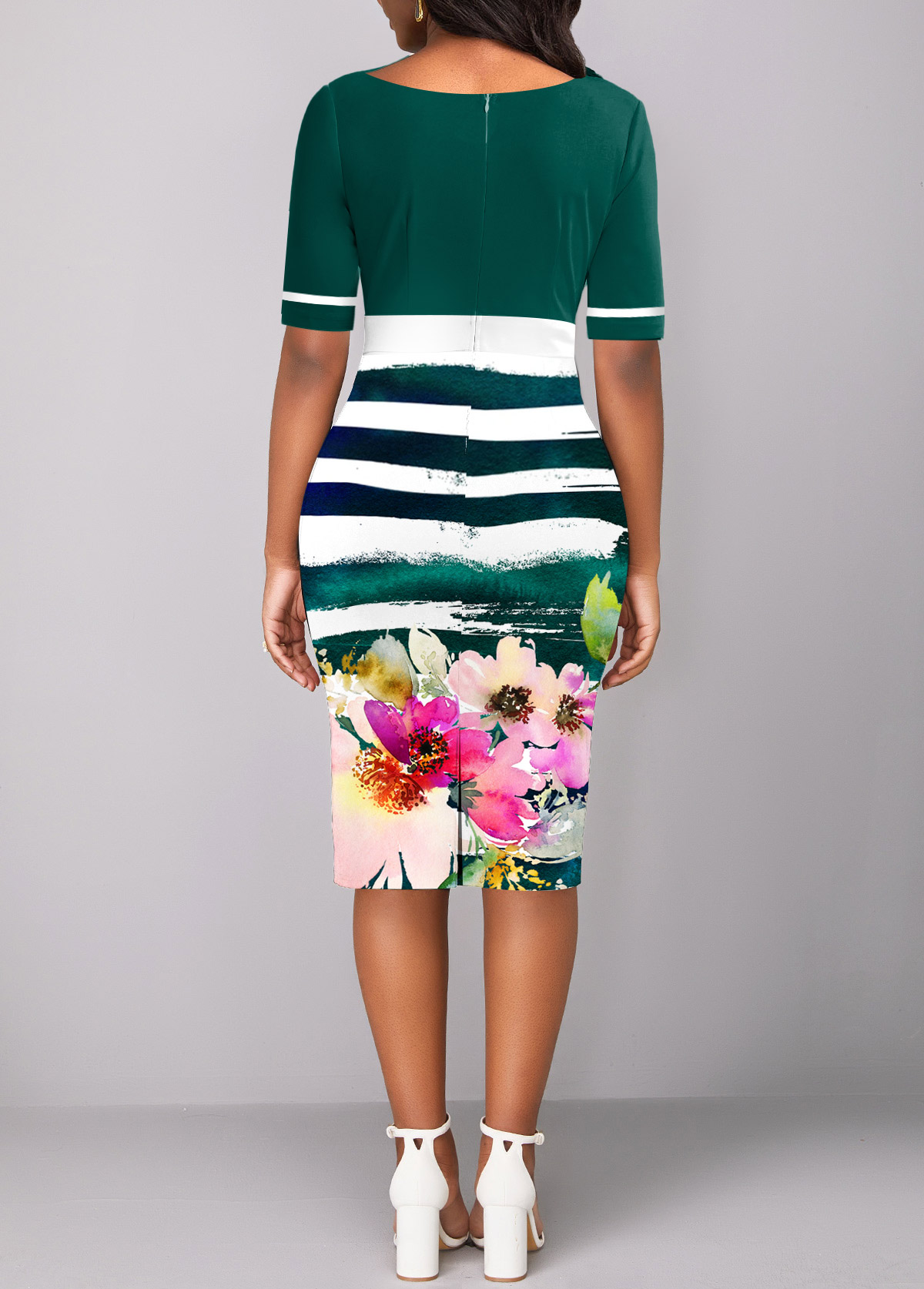 Blackish Green dresses,Floral dresses,Striped dresses,ROTITA Patchwork Floral Print Blackish Green Bodycon Dress