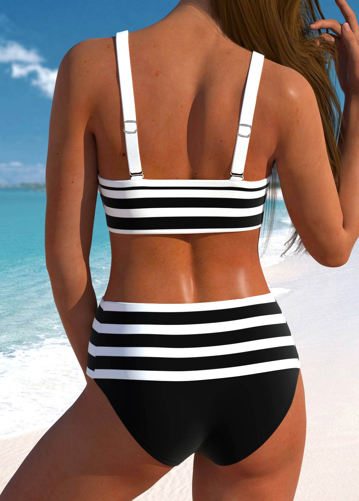 Black swimwear,White swimwear,Striped swimwear,ROTITA Bowknot Wide Strap Black Striped Bikini Top