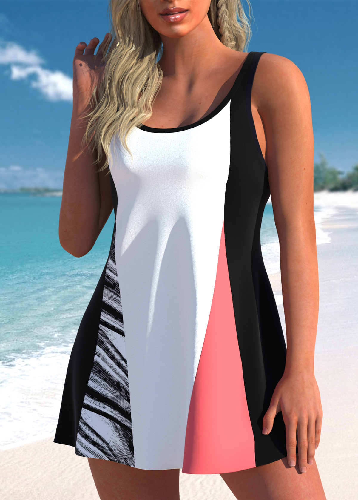 White swimwear,Striped swimwear,ROTITA Patchwork White Wave Pattern Print Swimdress Top