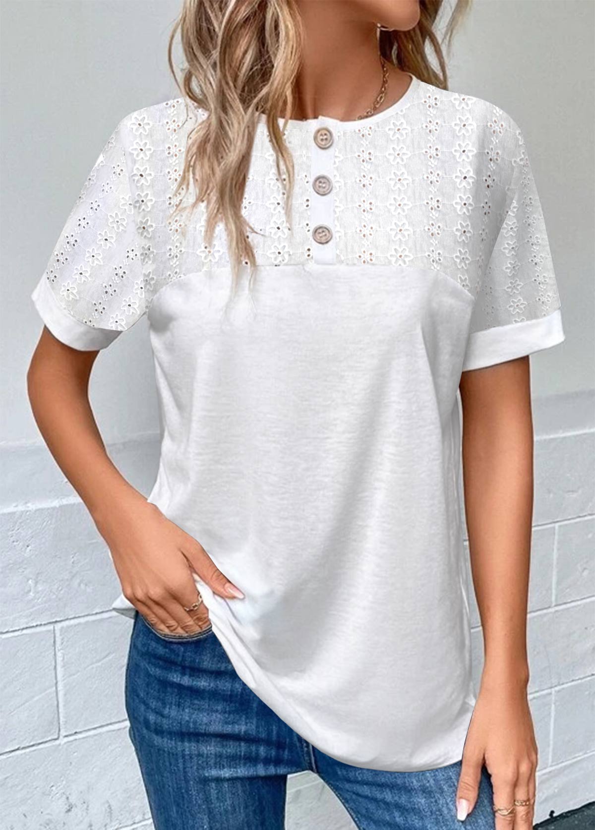 White plus size,Plain Color plus size,ROTITA Plus Size Round Neck Short Sleeve Blouse