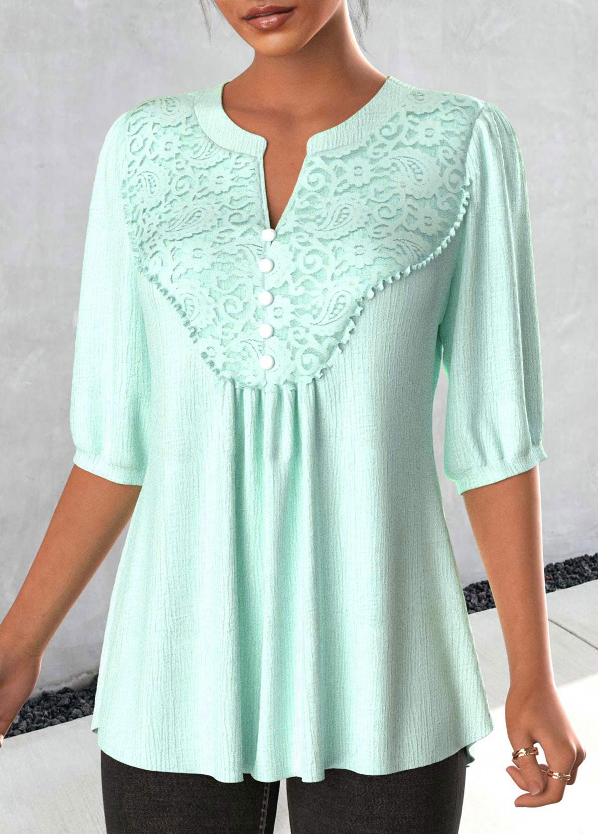Light Green plus size,Plain Color plus size,ROTITA Plus Size Split Neck Blouse