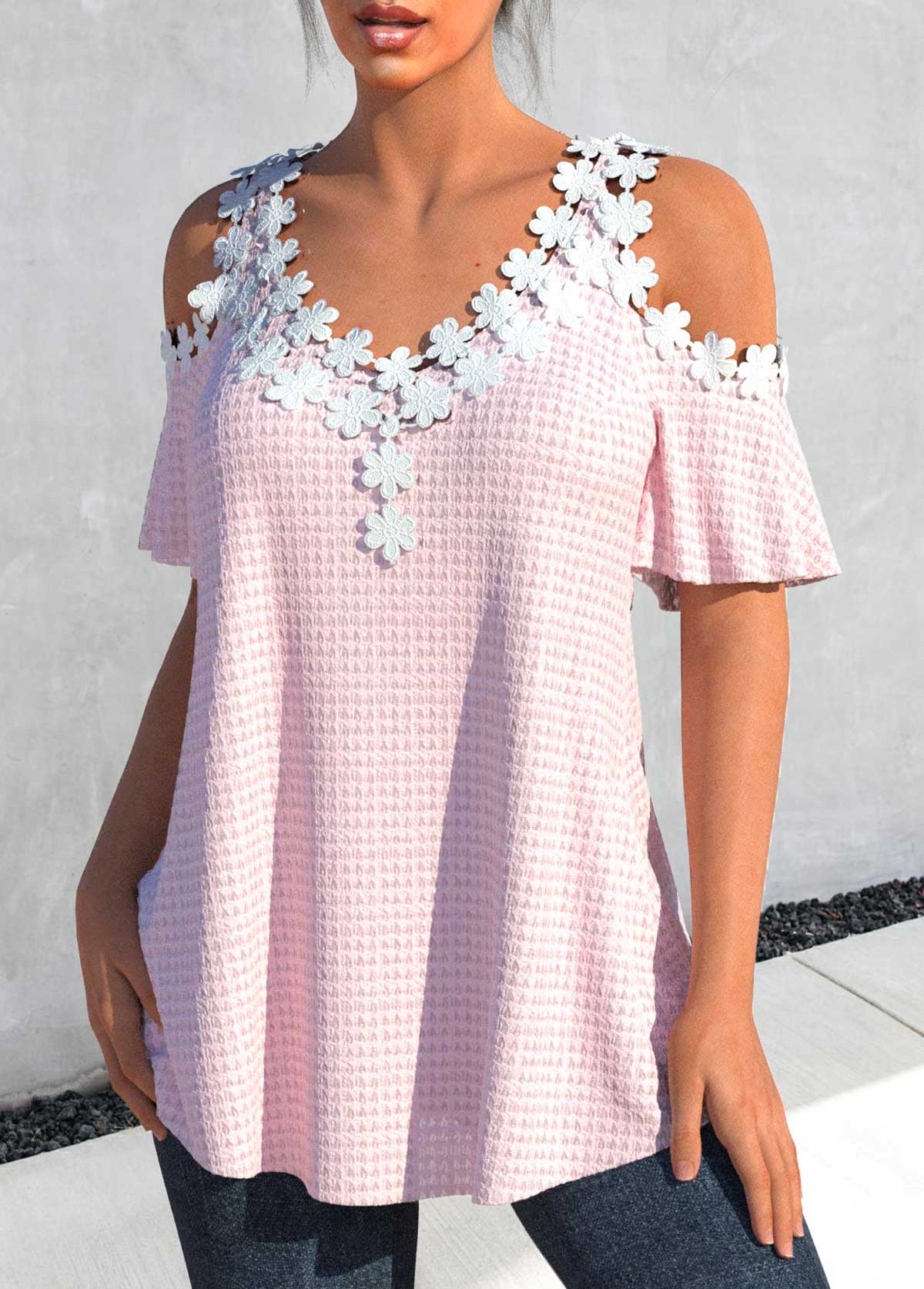 Light Pink tops,Plain Color tops,ROTITA Lace Light Pink V Neck T Shirt