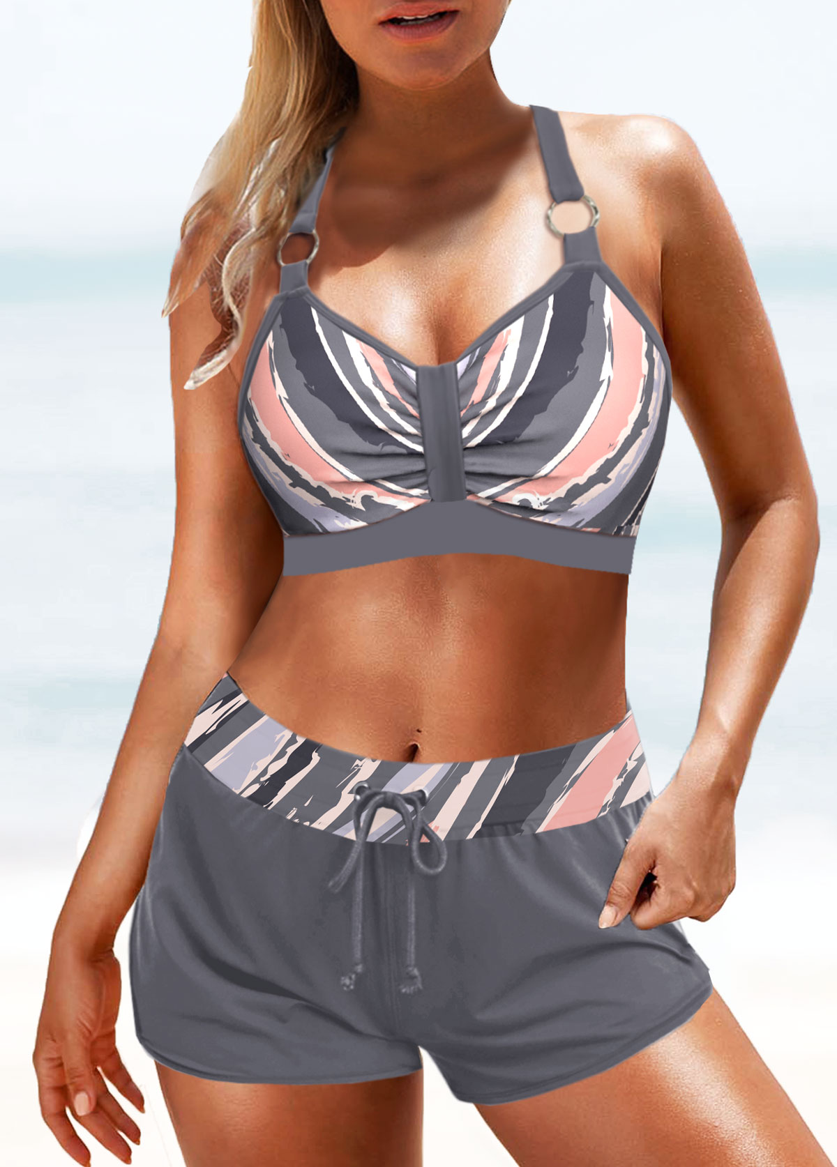 Grey swimwear,Geometric swimwear,ROTITA Circular Ring Grey Geometric Print Bikini Top