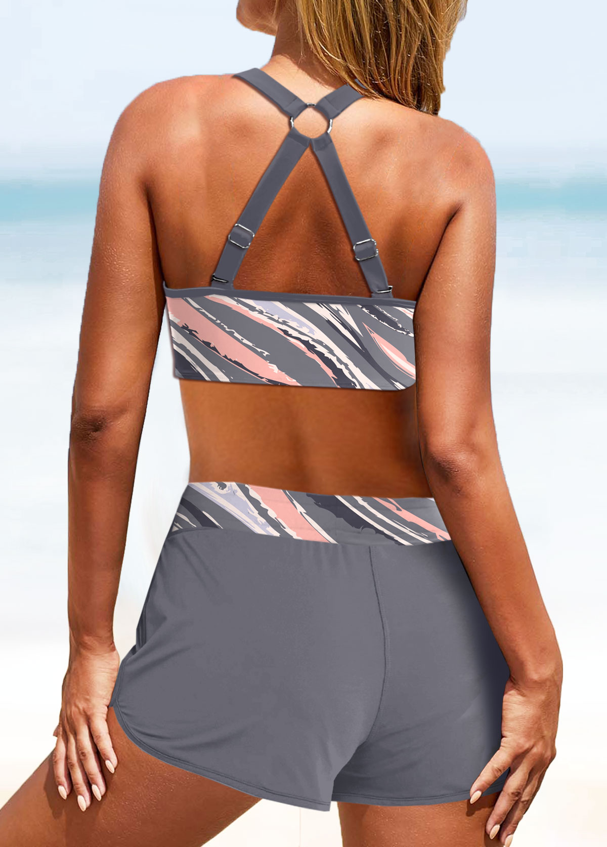 Grey swimwear,Geometric swimwear,ROTITA Circular Ring Grey Geometric Print Bikini Top