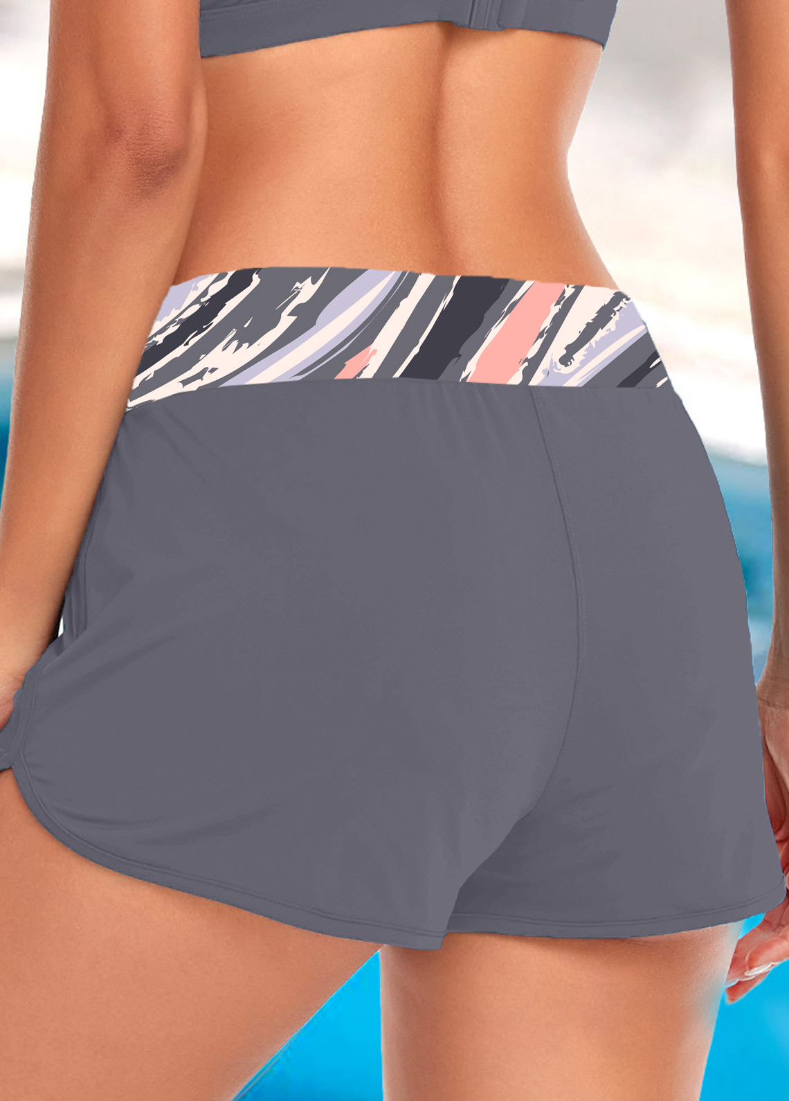 Grey swimwear,Geometric swimwear,ROTITA Circular Ring Grey Geometric Print Bikini Top