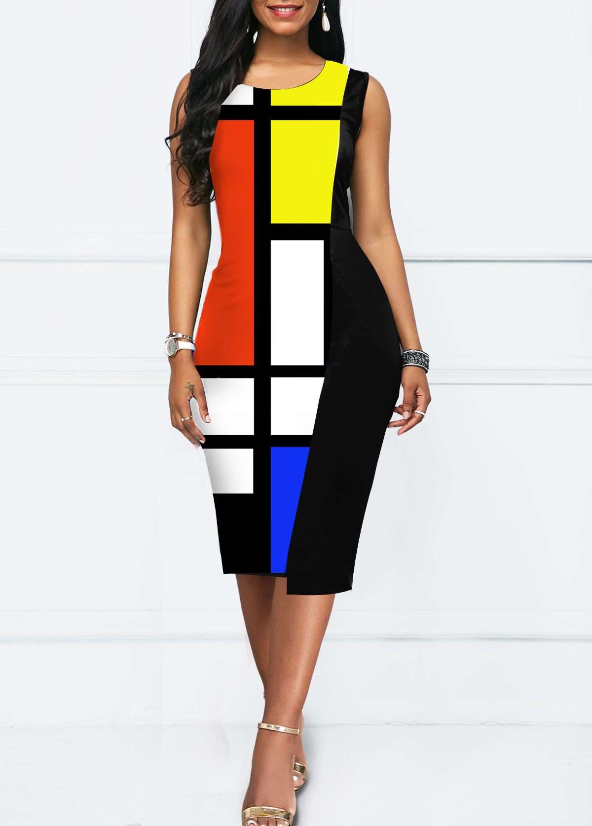Multi Color dresses,Geometric dresses,Striped dresses,ROTITA Patchwork Geometric Print Multi Color Bodycon Dress
