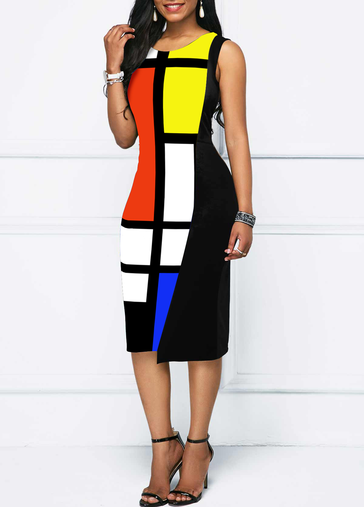 Multi Color dresses,Geometric dresses,Striped dresses,ROTITA Patchwork Geometric Print Multi Color Bodycon Dress