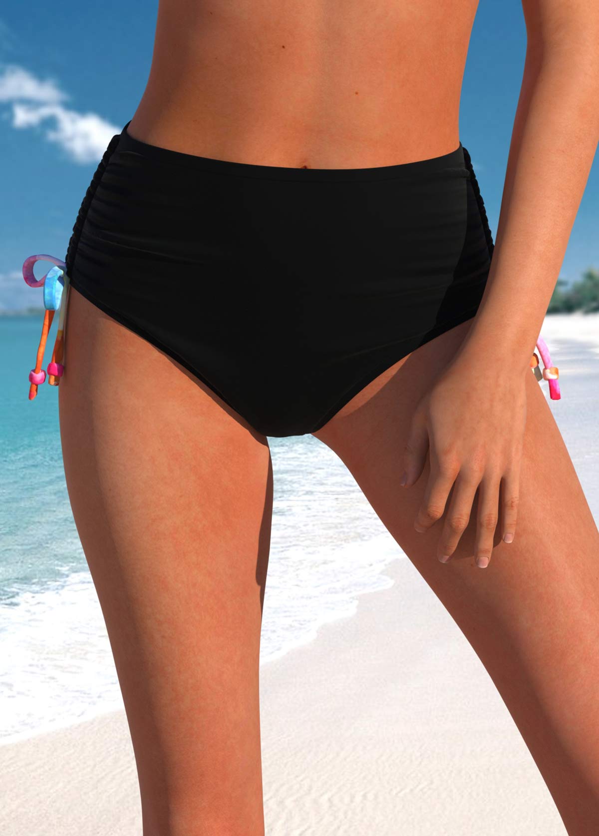 Schwarzer Rotita-Bikiniunterteil mit hohem Bund und Kordelzug