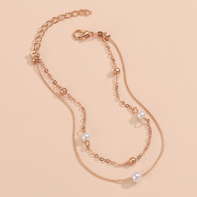 Golden jewelry,Geometric jewelry,Geometric Pattern Asymmetrical Pearl Design Golden Anklet