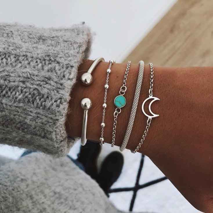 Silvery White jewelry,Other jewelry,Layered Moon Detail Silvery White Bracelet Set