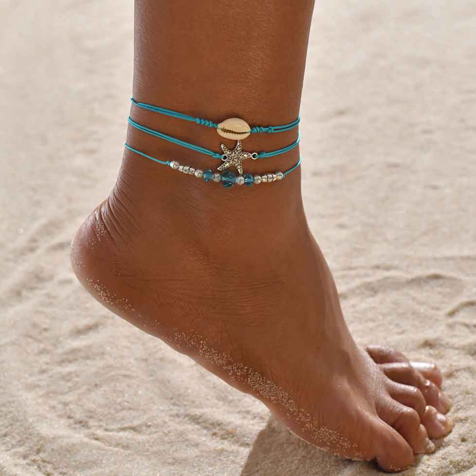 Asymmetrical Beads Sky Blue Anklet Set