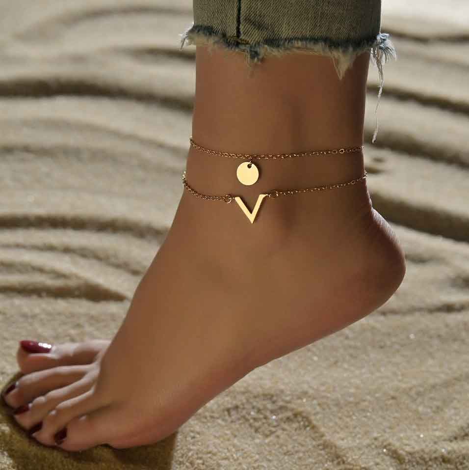 Asymmetrical Design Gold Metal Anklet Set