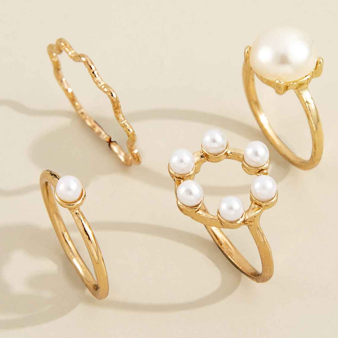 Gold jewelry,Contrast Color jewelry,Pearl Design Gold Metal Ring Set