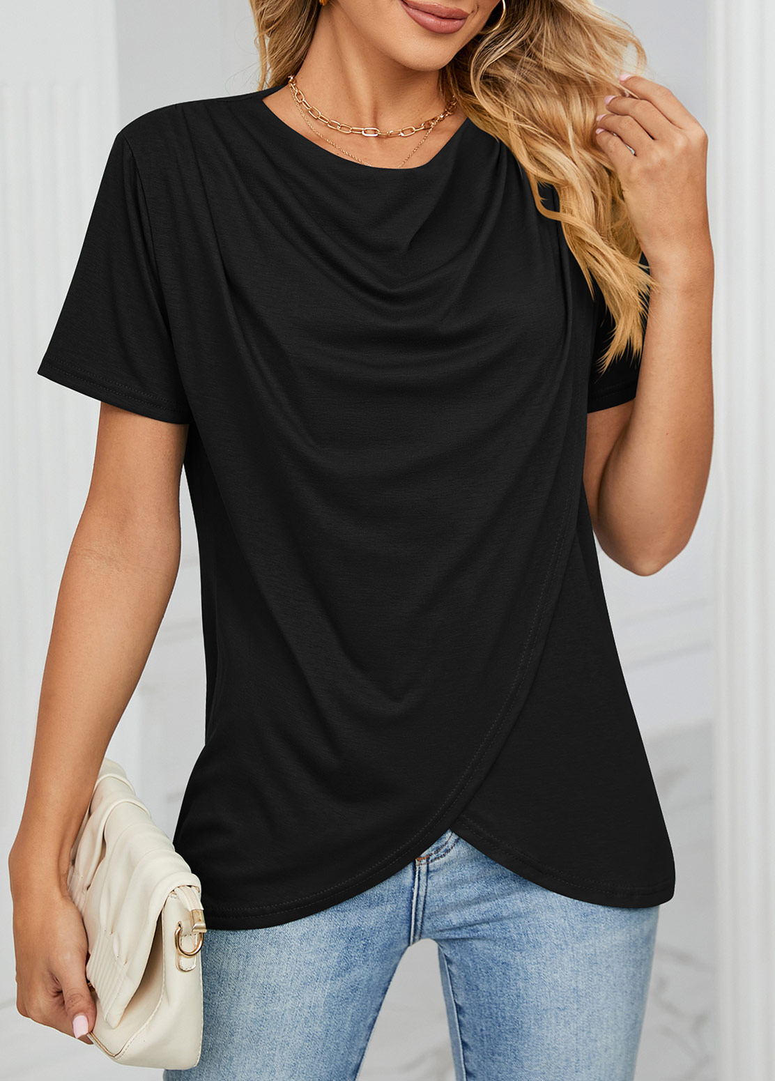 Black tops,Plain Color tops,Cross Hem Black Draped Neck T Shirt