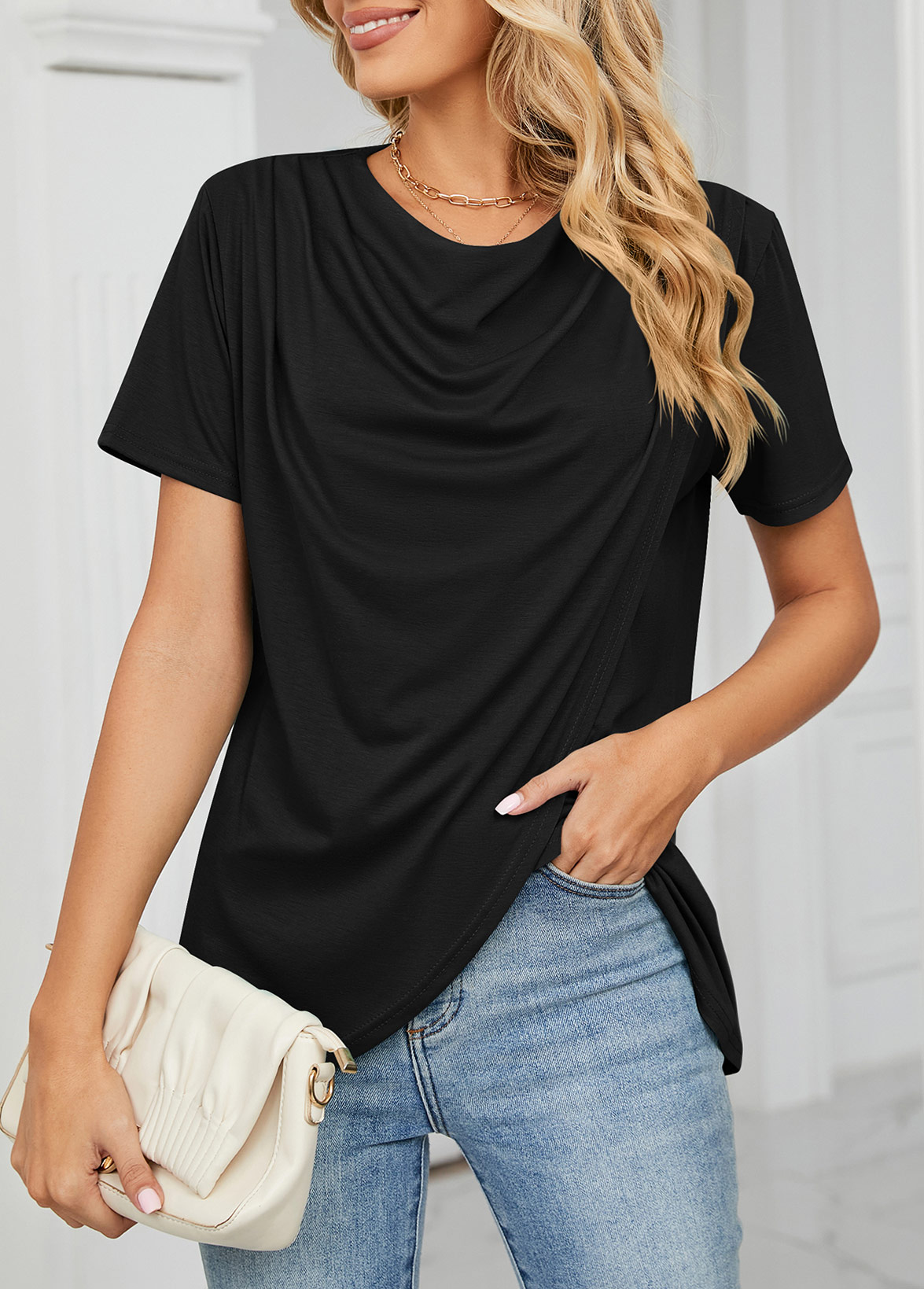 Black tops,Plain Color tops,Cross Hem Black Draped Neck T Shirt