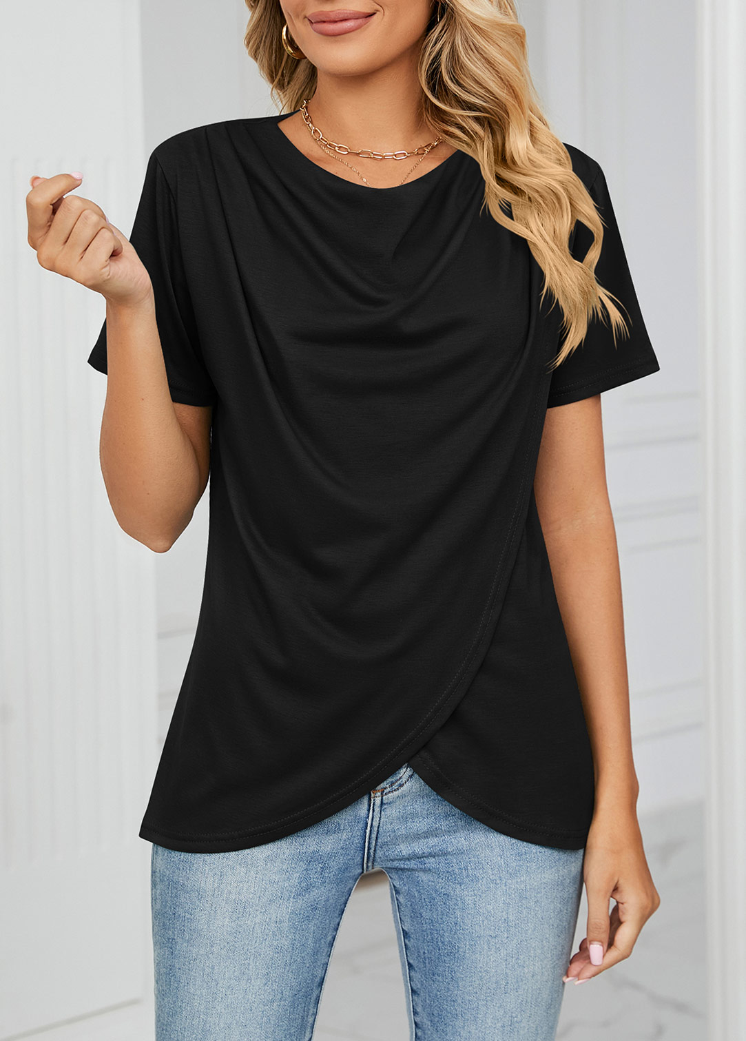 Black tops,Plain Color tops,Cross Hem Black Draped Neck T Shirt