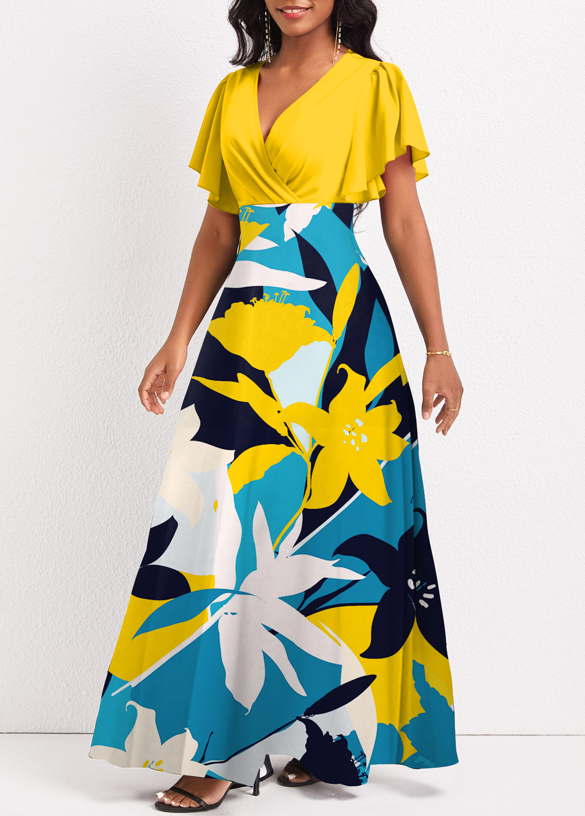 Multi Color dresses,Plants dresses,Party dresses,Elegant dresses,ROTITA Surplice Plants Print Multi Color Maxi Dress