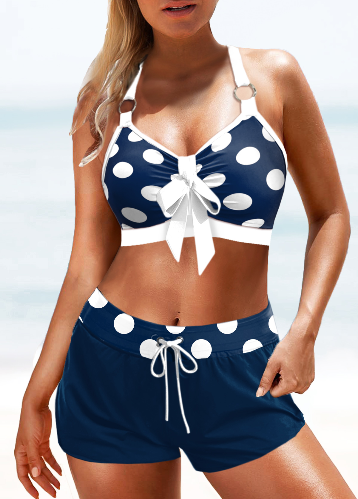 Navy swimwear,White swimwear,Dot swimwear,Geometric swimwear,ROTITA Circular Ring Navy Polka Dot Bikini Top