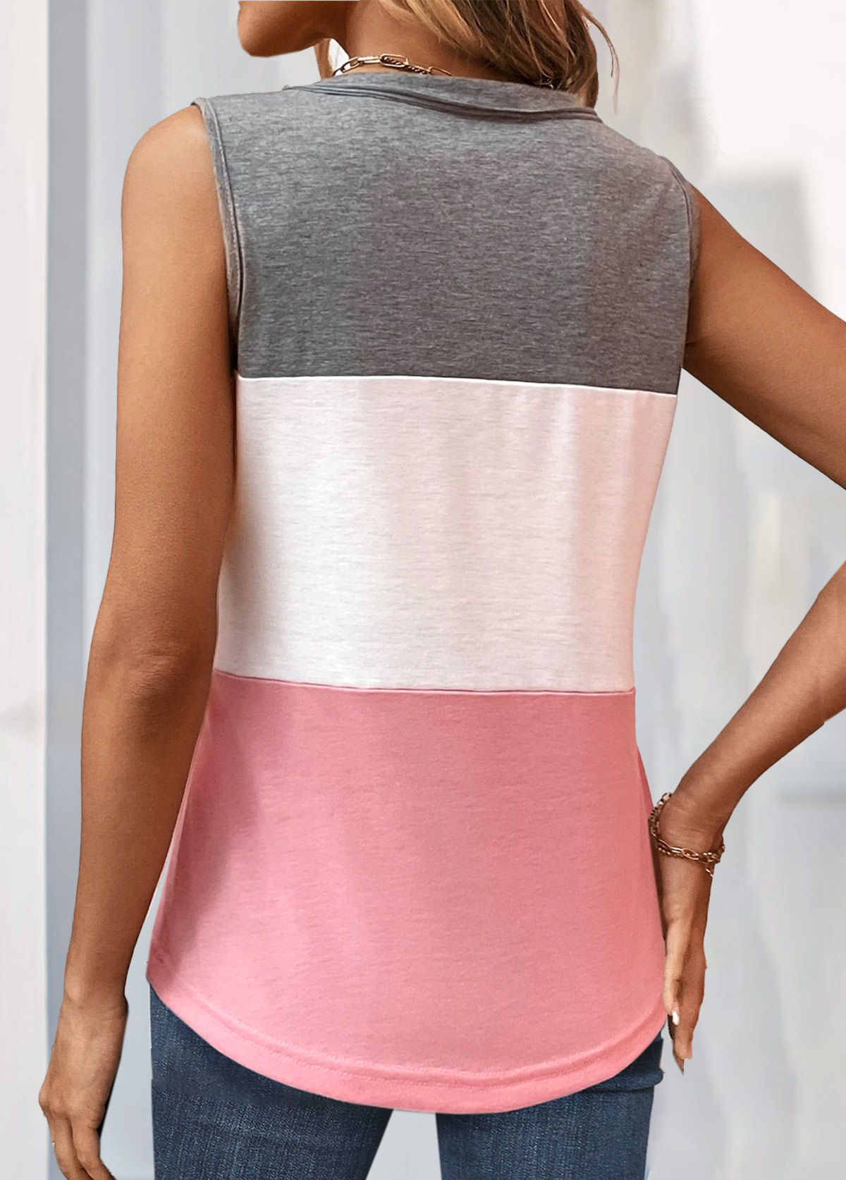 Pink tops,White tops,Plain Color tops,ROTITA Button Pink V Neck Tank Top