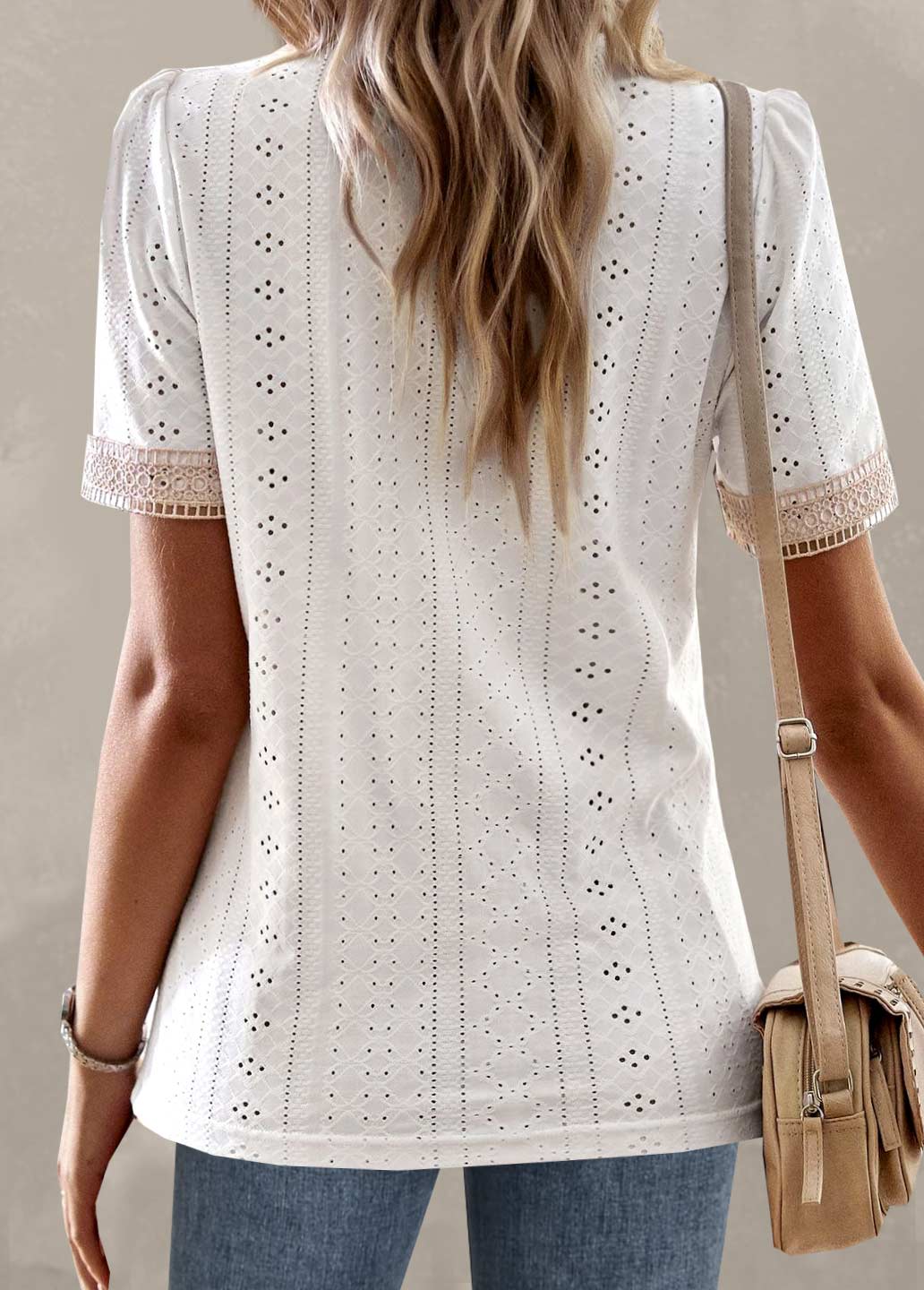 ROTITA Patchwork White V Neck Short Sleeve T Shirt