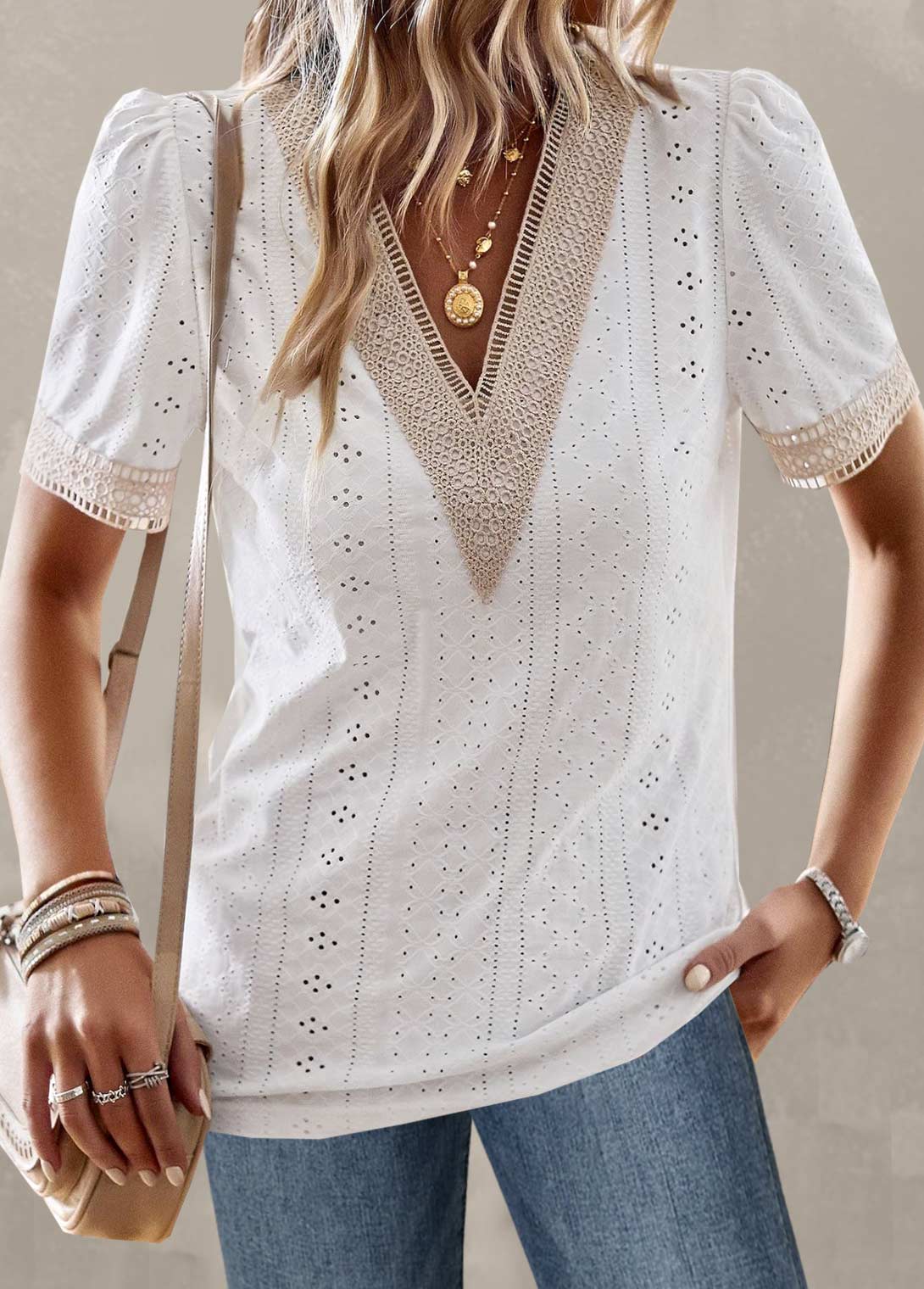 ROTITA Patchwork White V Neck Short Sleeve T Shirt