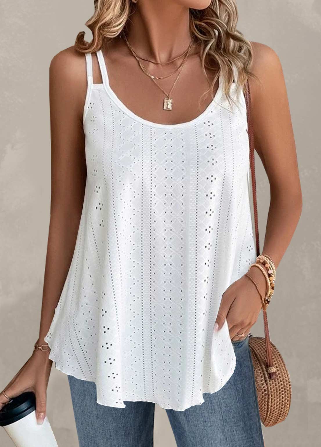 White tops,Plain Color tops,ROTITA Hole White Scoop Neck Camisole Top