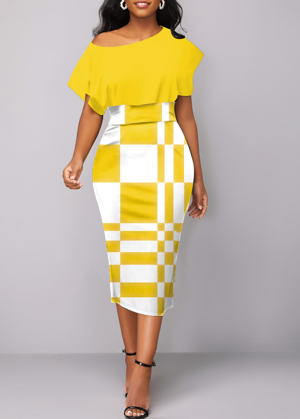 Yellow dresses,White dresses,Geometric dresses,Party dresses,Elegant dresses,ROTITA Asymmetry Geometric Print Yellow Boat Neck Bodycon Dress