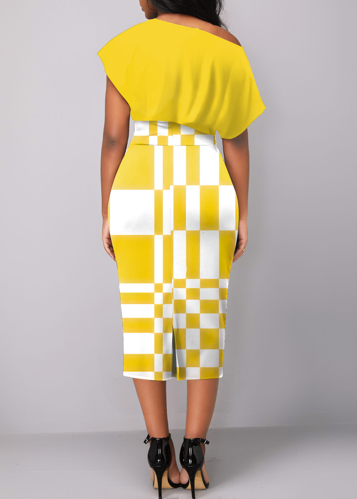 Yellow dresses,White dresses,Geometric dresses,Party dresses,Elegant dresses,ROTITA Asymmetry Geometric Print Yellow Boat Neck Bodycon Dress