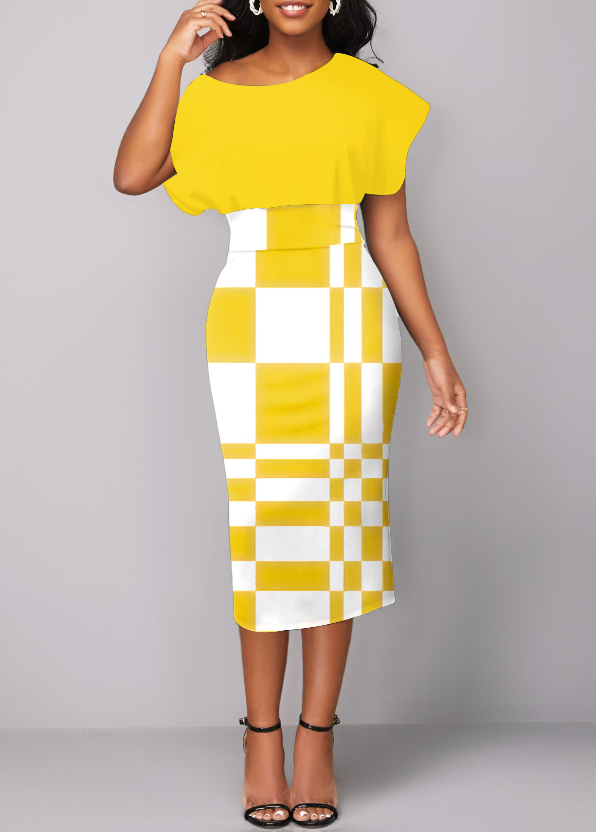 Yellow dresses,White dresses,Geometric dresses,Party dresses,Elegant dresses,ROTITA Asymmetry Geometric Print Yellow Boat Neck Bodycon Dress