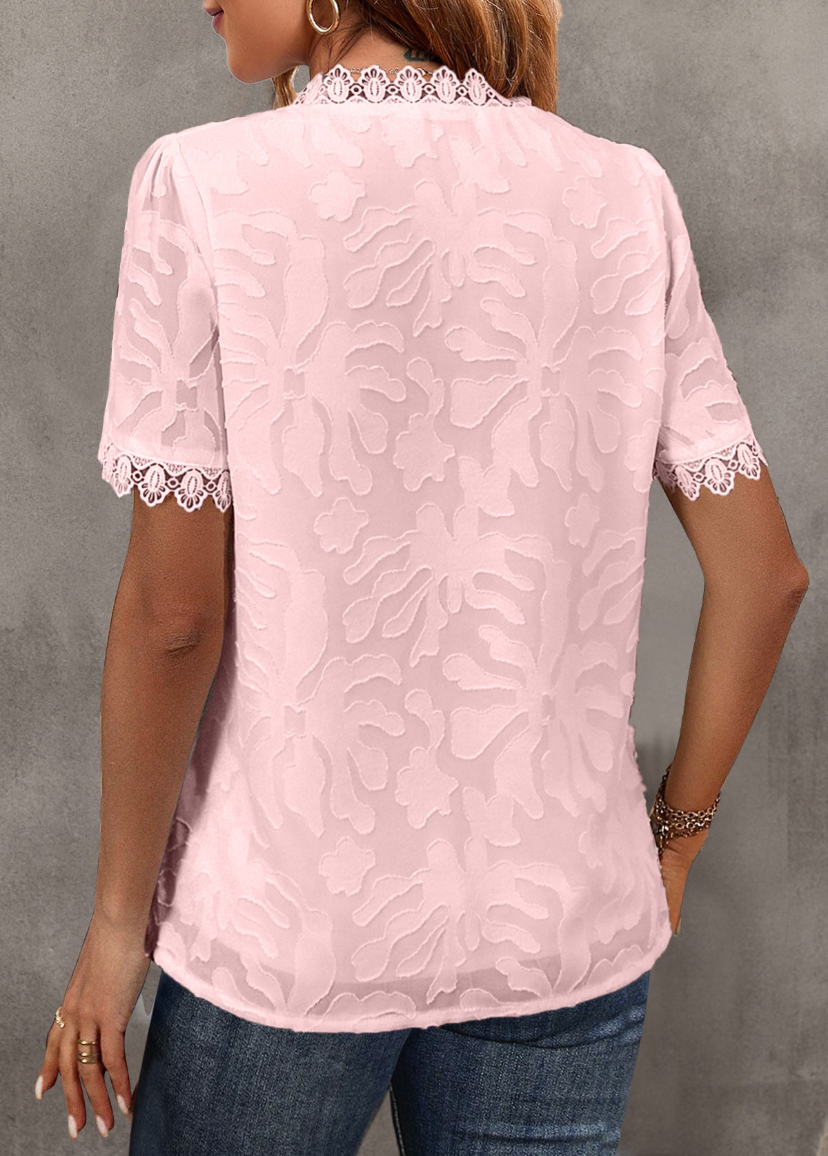 Pink tops,Plain Color tops,ROTITA Lace Pink V Neck Short Sleeve Blouse