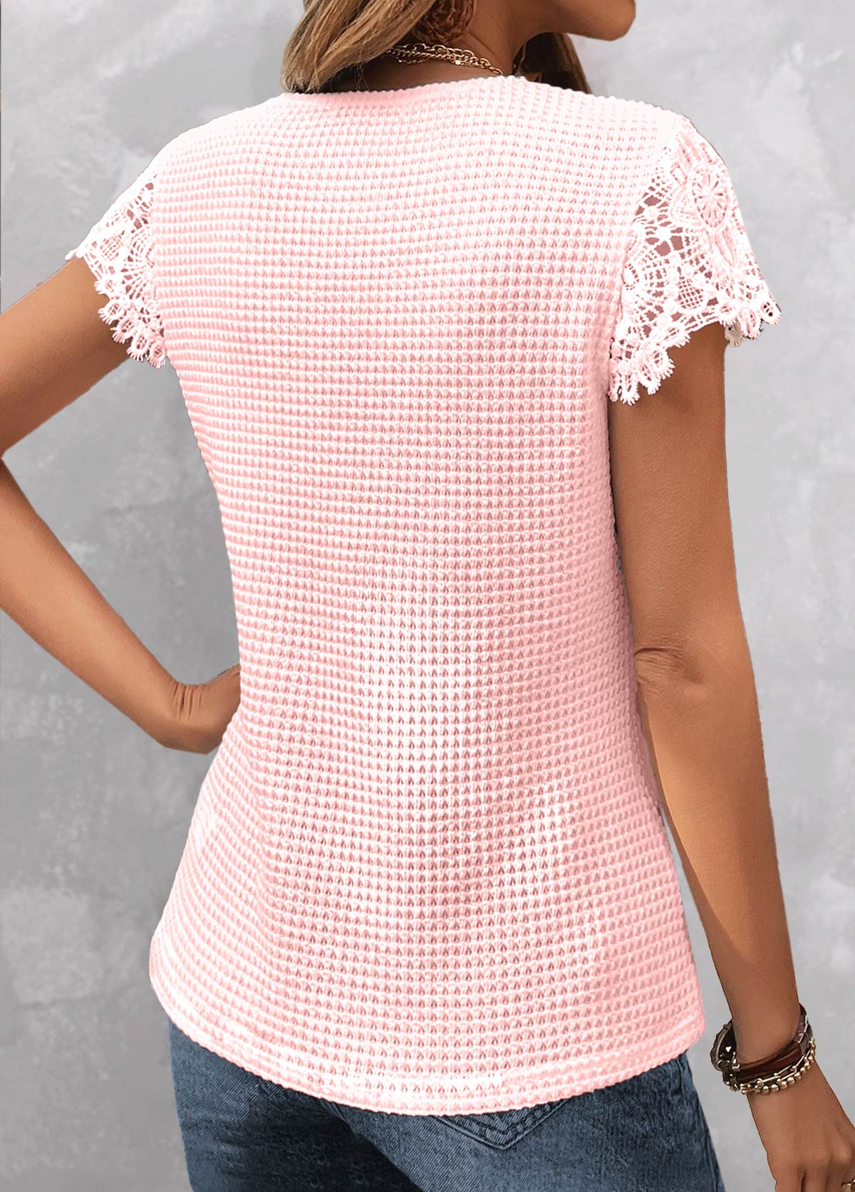 Pink tops,Plain Color tops,ROTITA Lace Pink V Neck Short Sleeve T Shirt