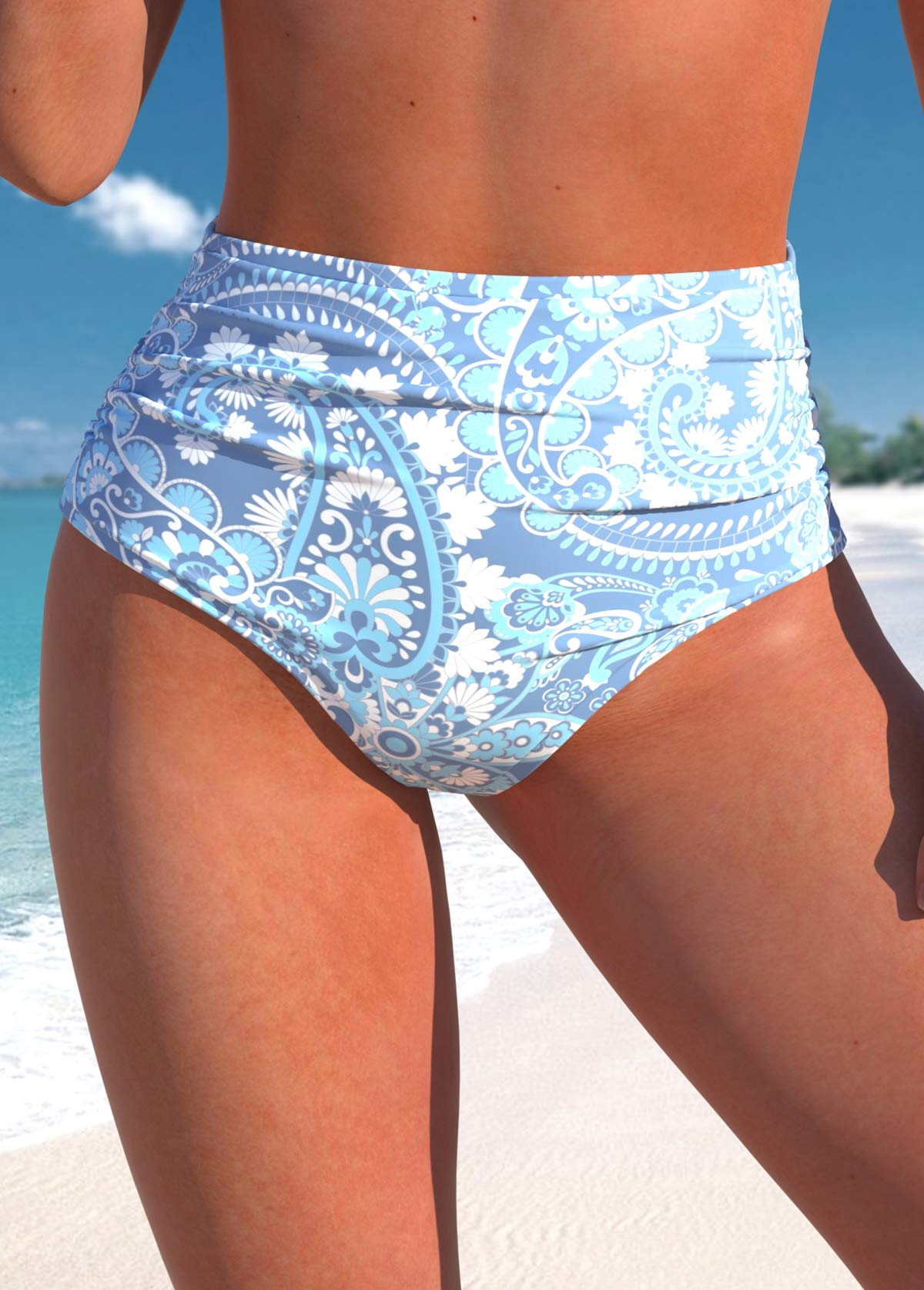Dusty Blue swimwear,Paisley swimwear,ROTITA Dusty Blue Paisley Print High Waisted Bikini Bottom
