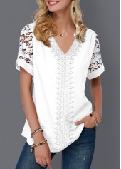 ROTITA Mesh White V Neck Short Sleeve Blouse