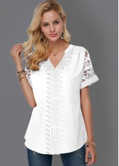 White tops,Plain Color tops,ROTITA Mesh White V Neck Short Sleeve Blouse