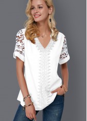 White tops,Plain Color tops,ROTITA Mesh White V Neck Short Sleeve Blouse