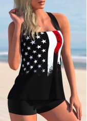 Black swimwear,Flag swimwear,ROTITA American Flag Print Black Cross Strap Tankini Top